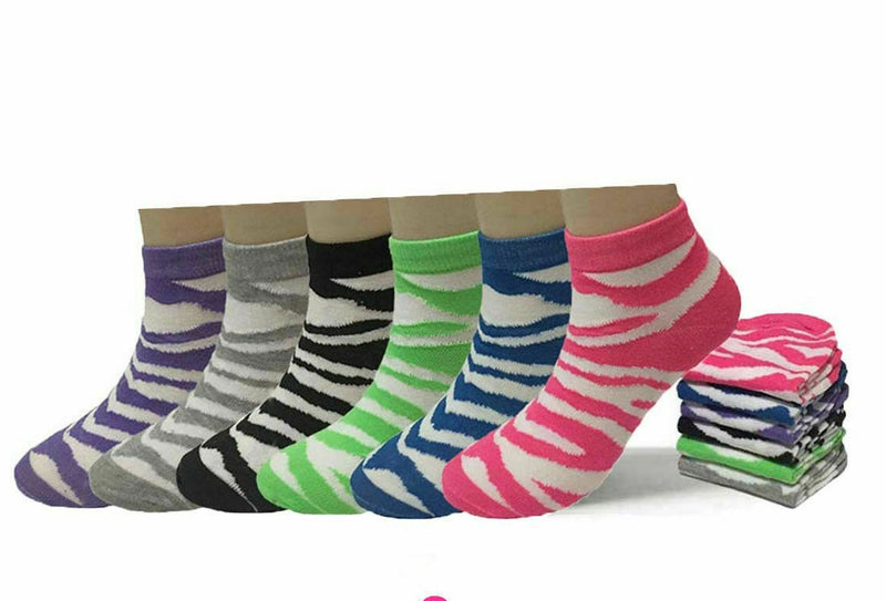 6-12 Pairs Women's Zebra Print Low Cut Ankle Socks Cotton Size 9-11 New