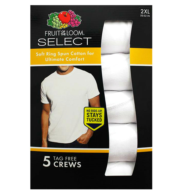 Fruit of the Loom Classic White Tag Free Crew T-Shirts, 5 Pack- 2XL