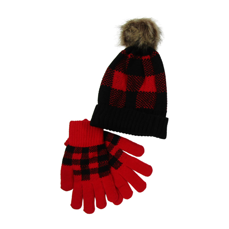 Clear Creek Women's Thermal Insulated Pom Pom Buffalo Print Hat and Gloves Set