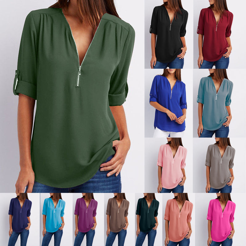 3-6 Packs Women Chiffon V-Neck Zipper T Shirt Loose Casual Blouse Short Sleeve Tunic Tops Assorted Color