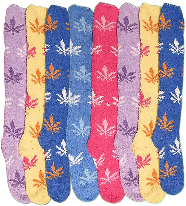 Magg 6 Pairs of Women's Knee high Soft Fuzzy and Striped Marijuana Colorful Weed Socks (Leaf)