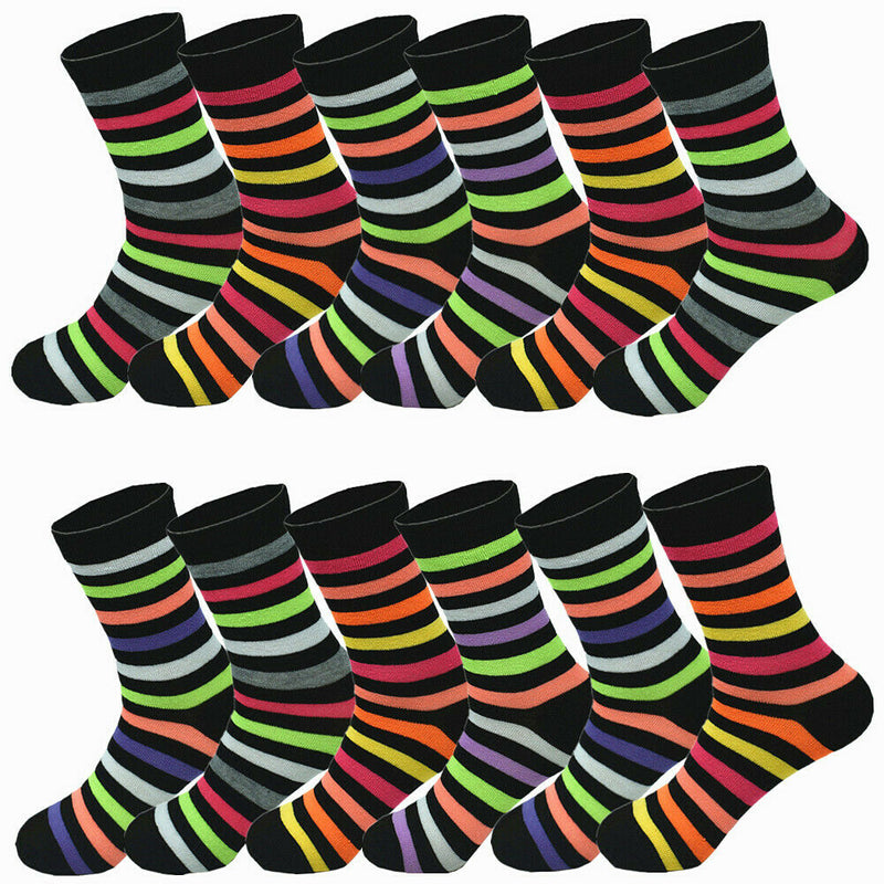 6-12 Pairs Women's Cotton Crew Socks Classic Black Color Stripe Casual Size 9-11